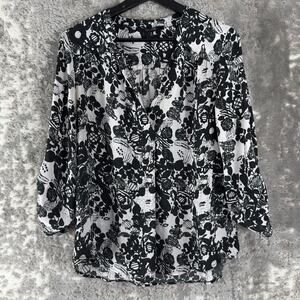19 Cooper Size M Dark Floral Print V Neck Top Black Long Sleeve Casual
